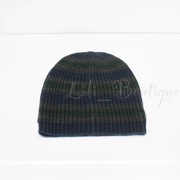 No Tag Michael Kors Men Knit Acrylic Beanie Hat Ski Cap Striped Navy Green Grey - Picture 2 of 4